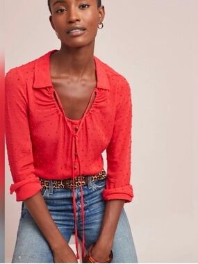 Maeve Anthropologie Red Textured Tie Neck Blouse Size 8 Button Front Collar